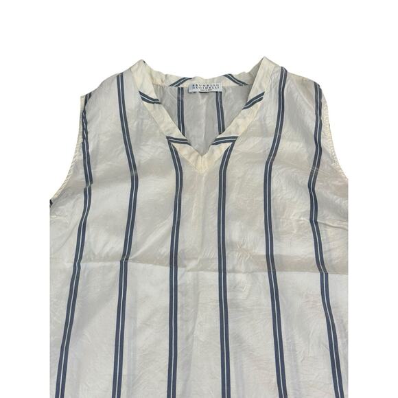 Brunello Cucinelli Silk Striped Sleeveless Blouse Top White Blue M Italy V-neck - Picture 4 of 14